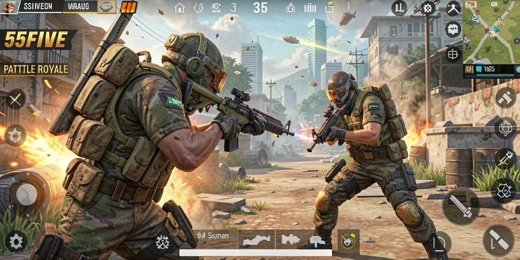 Gameplay seru dan menegangkan dalam 55FIVE Battle Royale.