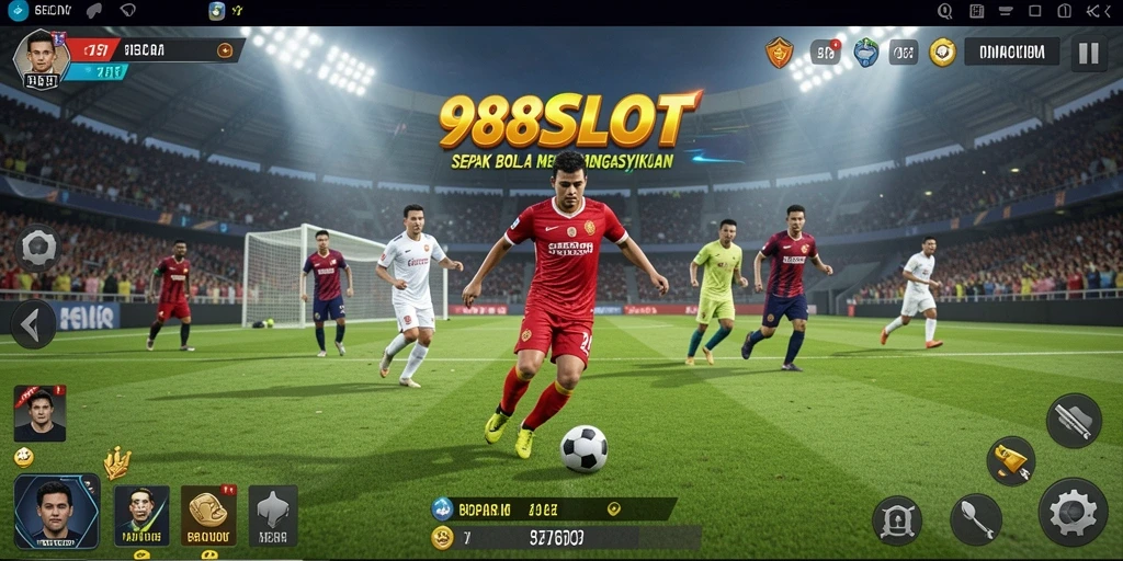 Screenshot gameplay <strong>988SLOT</strong> yang menampilkan aksi sepak bola seru.
