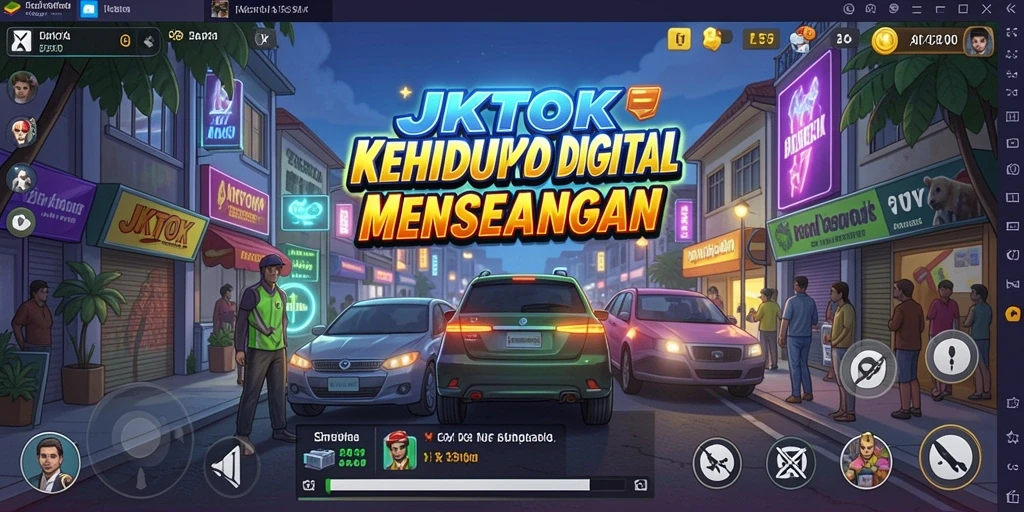 Tampilan gameplay JKTOK dengan karakter virtual yang berinteraksi di lingkungan digital.