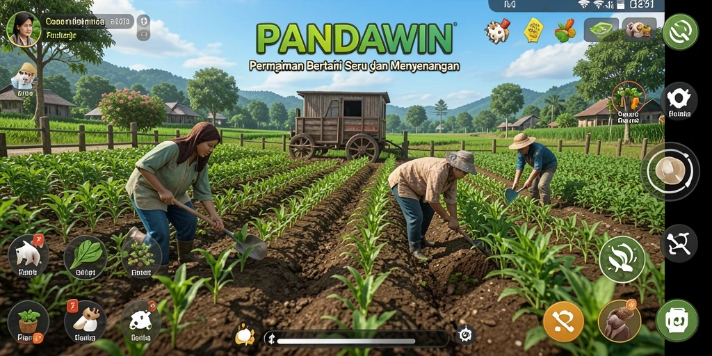 Tangkapan layar gameplay <strong>PANDAWIN</strong> menampilkan aktivitas bertani yang menyenangkan.