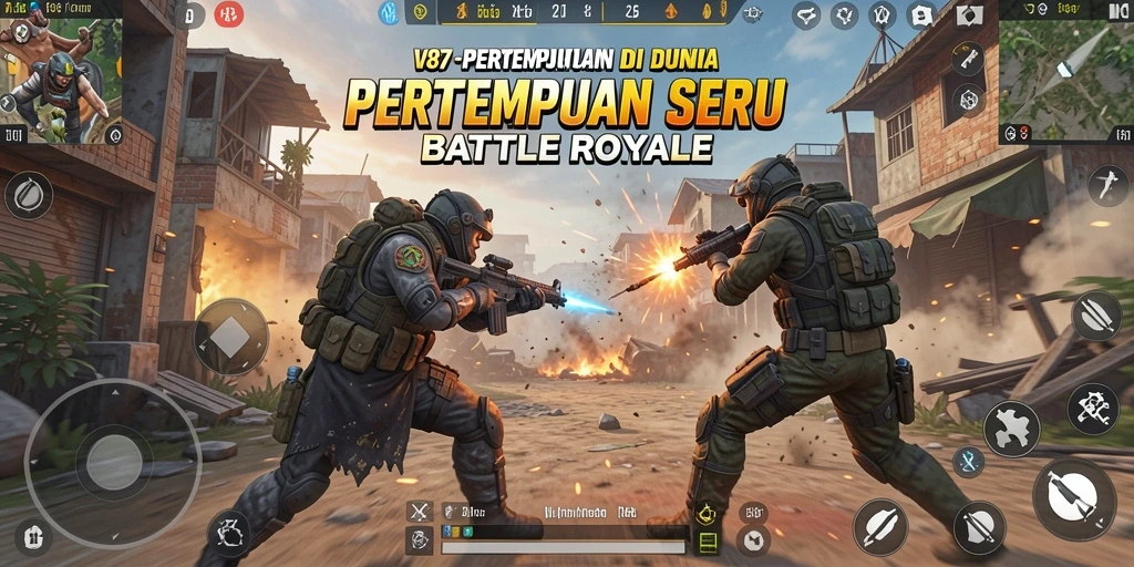 Tangkapan layar utama V87 menampilkan aksi pertempuran Battle Royale yang mendebarkan.